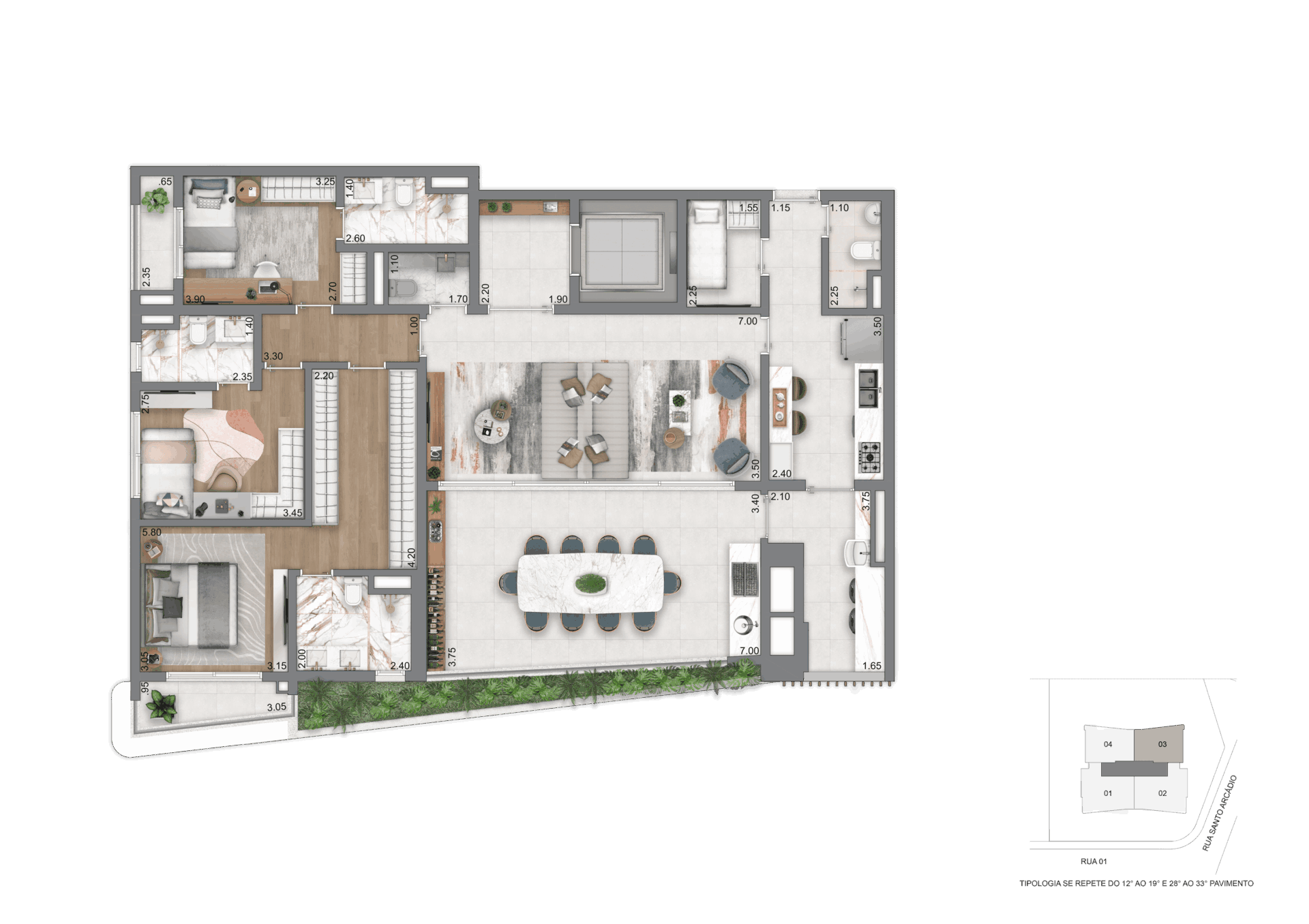 Planta 169 m² com 3 suítes - East