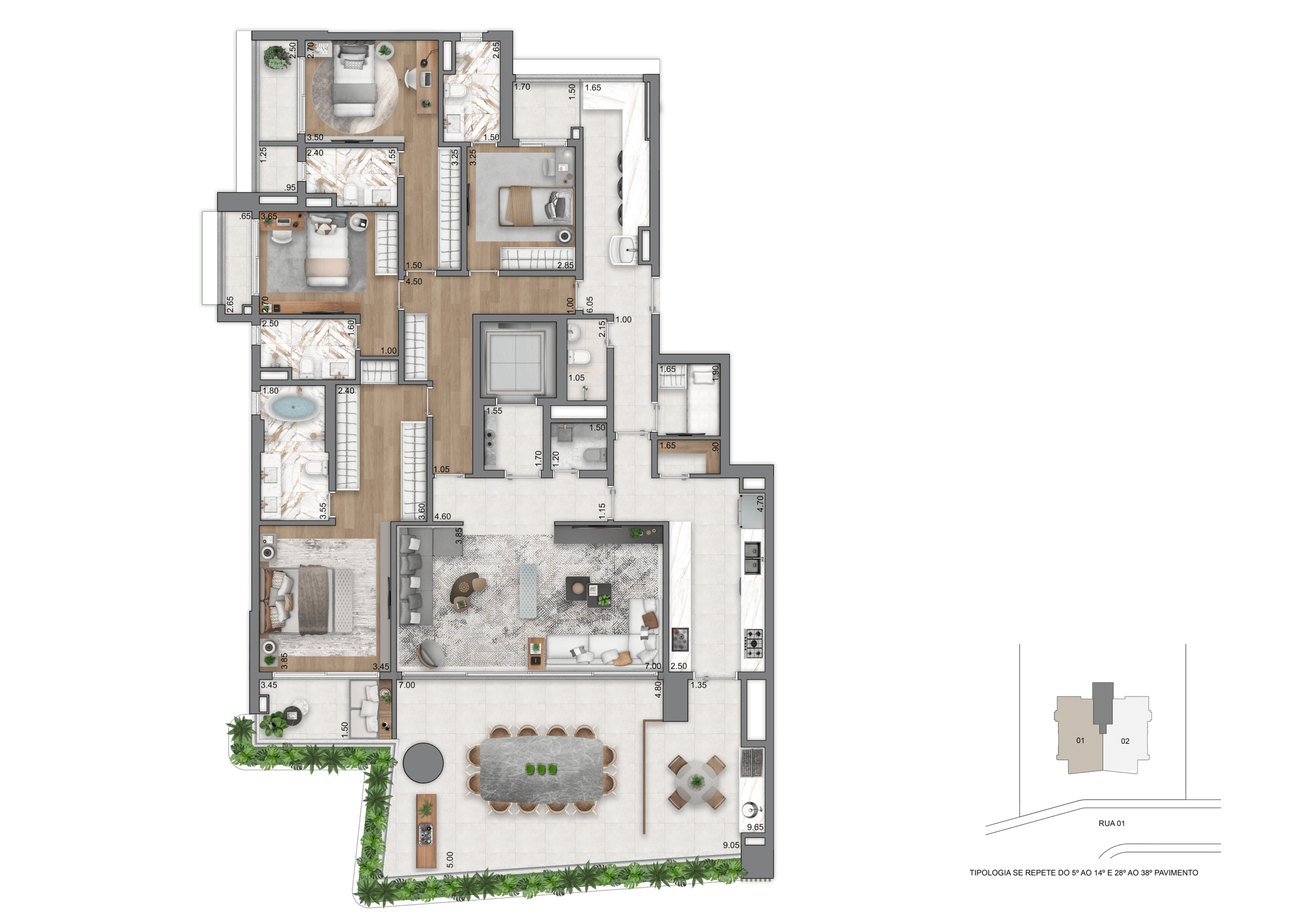 Planta 263 m² com 4 suítes - West